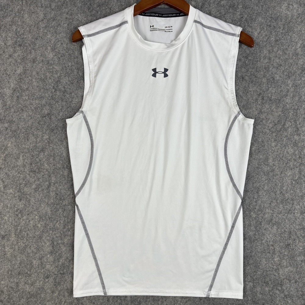 Under Armour Tank Top Men's Size L White Gray HeatGear Compression Sleeveless